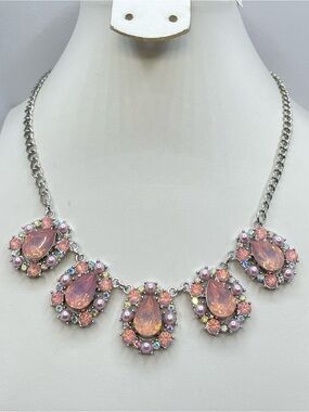 Silver Tone Pink Crystal Faux Pearl Statement Bib Necklace AB Rhinestone
